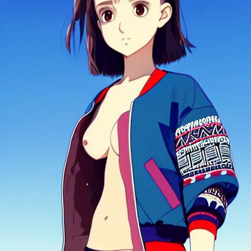 Image similar to a beautiful! boyish! natalie portman alluring gravure! model, wearing oversized aztec bomber jacket and leotard, poofy bomber jacket with mayan patterns, gapmoe yandere grimdark, trending on pixiv fanbox, painted by greg rutkowski makoto shinkai takashi takeuchi studio ghibli, akihiko yoshida