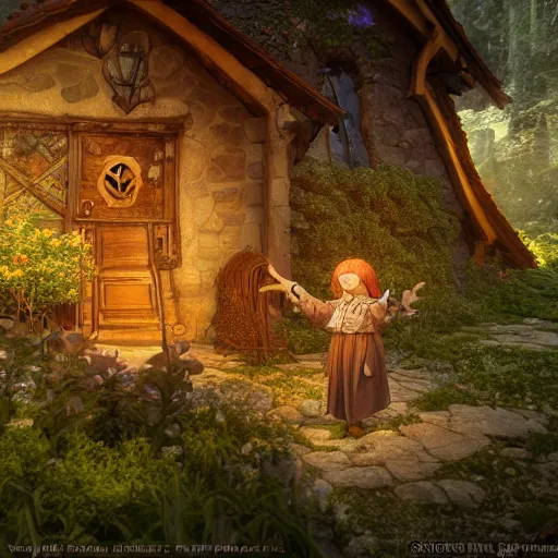 Image similar to medieval hobbit house, ornate, beautiful, atmosphere, vibe, flowers, concept art illustration, color page, 4 k, tone mapping, doll, akihiko yoshida, james jean, andrei riabovitchev, marc _ simonetti, yoshitaka amano, digital illustration, greg rutowski, volumetric lighting, sunbeams, particles