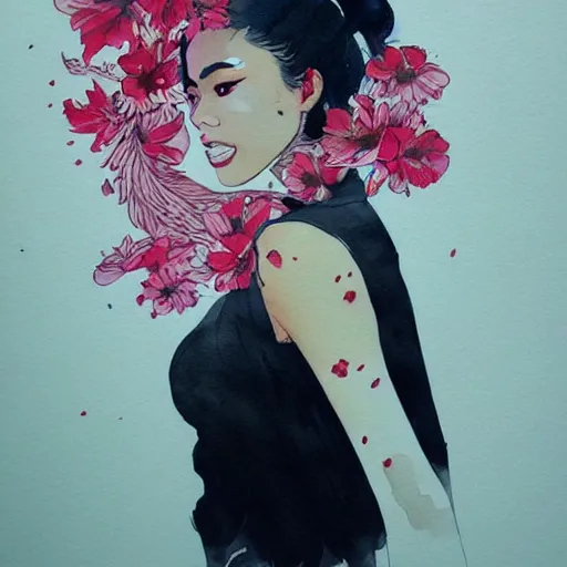 Prompt: candid portrait of very beautiful young filipino woman, surrounded by dramatic swirling smoke and flowers, dark background, by conrad roset, watercolor trending on artstation