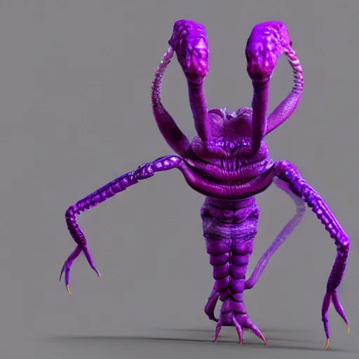 Image similar to zoomed out full body detailed photo realistic 3d render of purple alien reptile creature crustacean character concept with many legs 4k