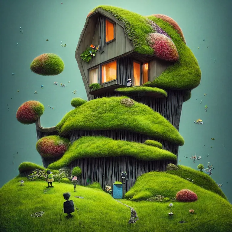 Image similar to tiny house by kengo kuma on island sea cloud surreal art by gediminas pranckevicius geof darrow jason naylor, dark shadows, hard lighting, floralpunk flower green plants garden, inking etching screen print, masterpiece artstation, sharp, colorful high contrast hd, 8 k hyper detailed, octane render