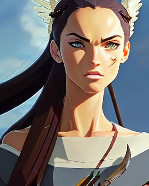 Prompt: azctec archer, megan fox, gemstone forehead, detailed perfect face, exquisite details, fire magic, mid view, design on a white background, by studio muti, greg rutkowski makoto shinkai takashi takeuchi studio ghibli