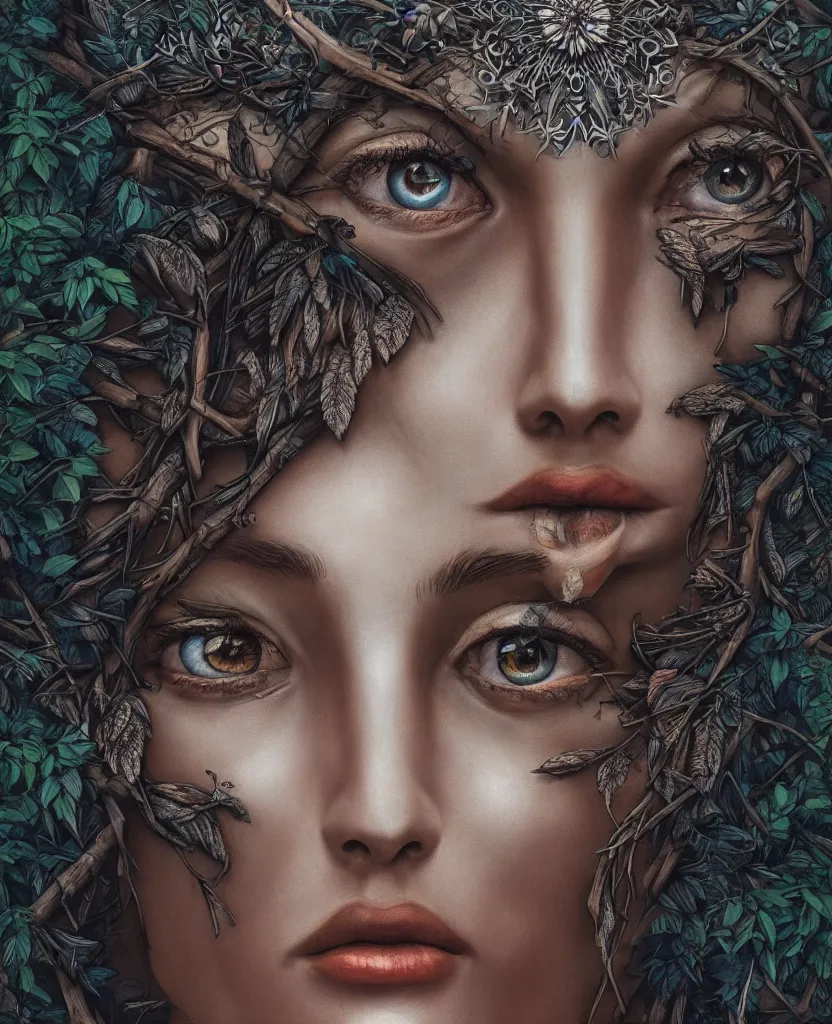 Image similar to goddess of the forest, trending on artstation, striking eyes, symmetrical, 8k, incredible detail