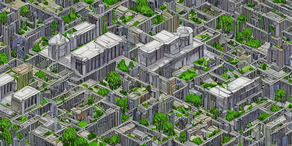 Prompt: isometric view of a giant imperial library and outdoor amphitheater in a sci-fi eco-city, skybridges, terraces, busy, crowded