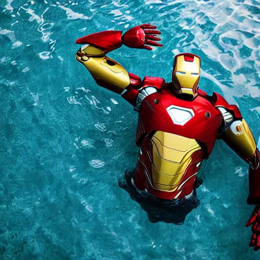 Image similar to iron man suit floating in pool, 4k realistic photo