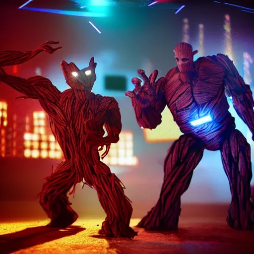 Image similar to groot and optimus prime dancing at techno party among people, wide shoot, octane render, ultra realistic