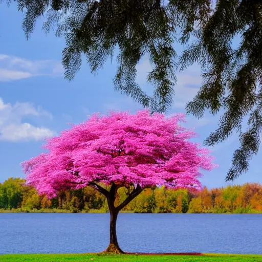 Image similar to Pink tree beside a large lake, landscape in the style of realism