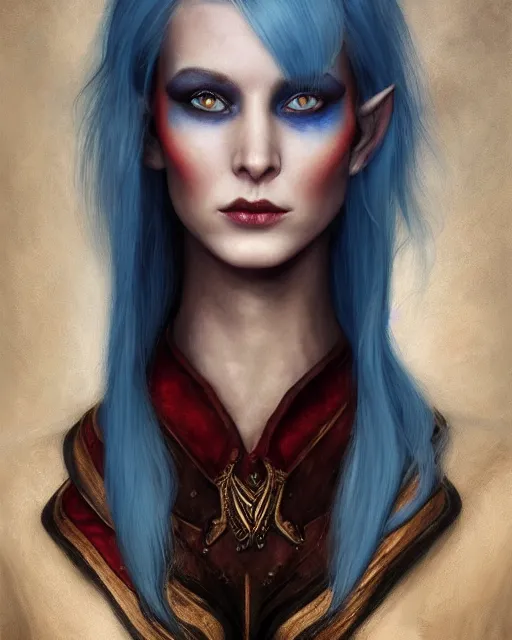 Prompt: A detailed matte oil on canvas head on symmetrical portrait of a distinguished elven woman with half red and half blue hair (((((makeup))))) by Charlie bowater and lise deharme wlop, trending on artstationhd, dungeons and dragons art, critical role, split hair dye, half and half dye, two tone dye