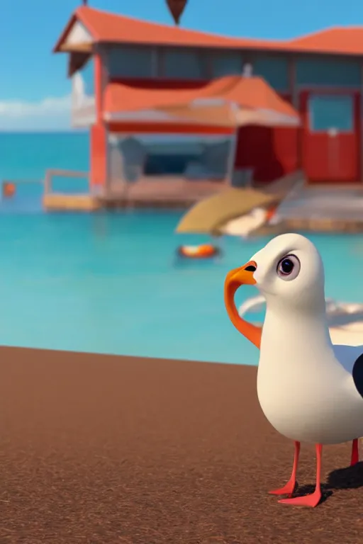 Prompt: Seagull Pixar character drinking a cup of coffee in the beach, Up movie style, 3d render