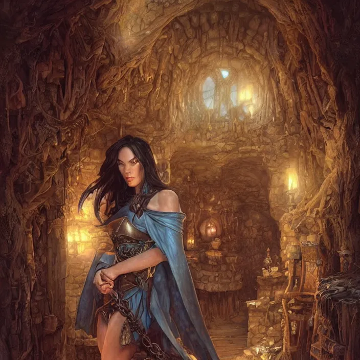 Image similar to megan fox in a digital painting of a medieval fantasy dungeon room by justin gerard, paul bonner, highly detailed, pale blue backlight, digital art, artstation hd by artgerm, greg rutkowski, alphonse mucha