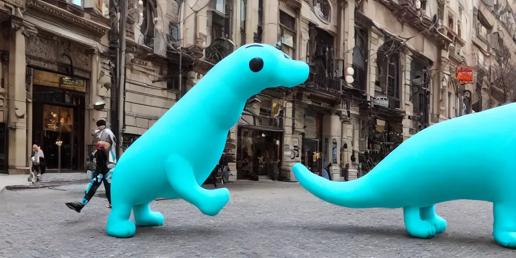 Prompt: huge turquoise wiener - shaped creatures walk around the city