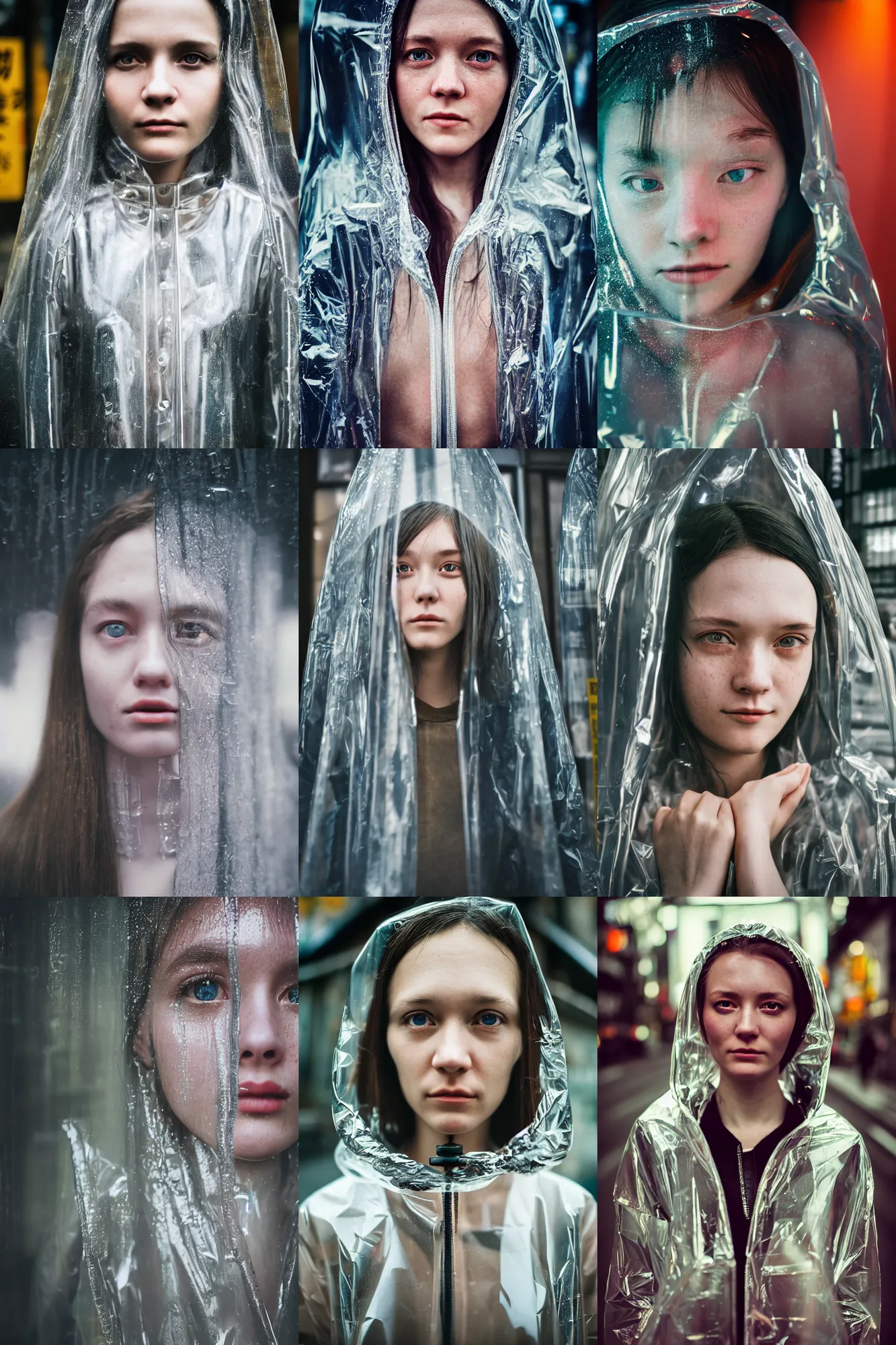 Prompt: Kodak Portra 400, 8K, highly detailed, britt marling style 3/4 extreme closeup portrait, clear eyes, focus on clear transparent raincoat girl model, tilt shift h.r giger style background: famous metropolis remake, tokyo izakaya scene