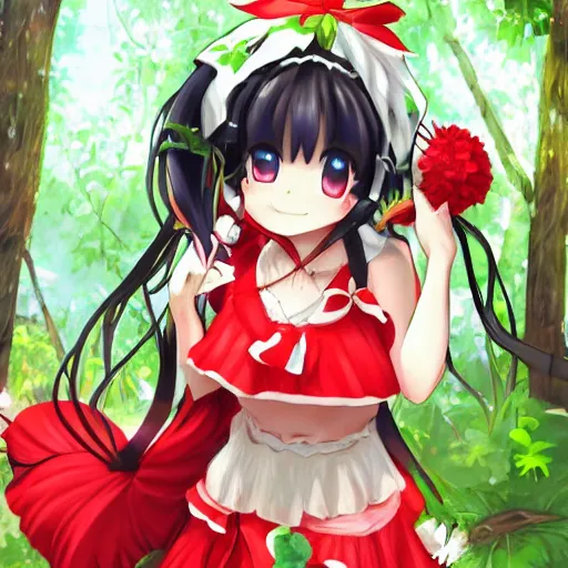 Image similar to a pixiv of reimu in the jungle wearing bonnet