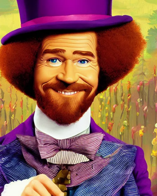 Image similar to Bob Ross as Willy Wonka, digital illustration portrait design, detailed, gorgeous lighting, dynamic portrait