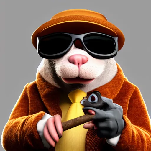 Prompt: anthropomorphic gangster rat smoking a huge cigar, holding a pistol, wearing sunglasses and a cap, long fur, anthropomorphic rat, detailed, 3d render, 4k, pixar