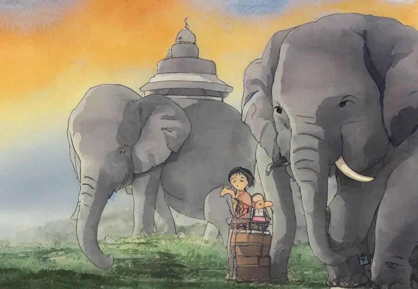 Prompt: a hyperrealist watercolor concept art from a studio ghibli film showing a giant grey chibi elephant. a temple is under construction in the background in india on a misty and starry night. by studio ghibli. very dull muted colors