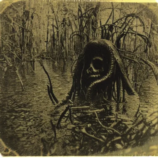 Image similar to creepy lovecraftian monster in swamp, 1 9 1 0 polaroid photo