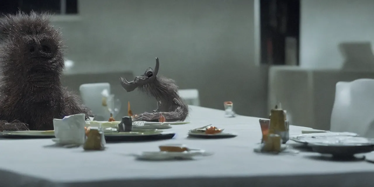 Image similar to a strange creature sits at a table, film still from the movie directed by Denis Villeneuve with art direction by David Cronenberg, close up, telephoto lens, shallow depth of field