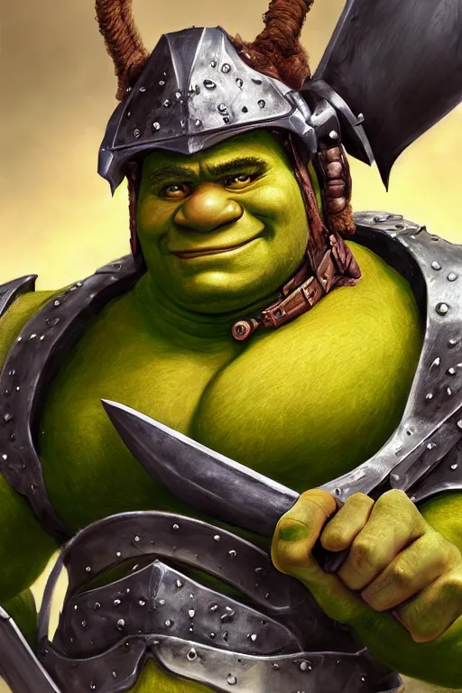 Image similar to A realistic anime portrait of Shrek, warrior, D&D, dual Axe wielding, full body plated armor, dungeons and dragons, tabletop role playing game, rpg, jrpg, digital painting, by Stanley Artgerm Lau, Frank frazzeta, WLOP and Rossdraws, digtial painting, trending on ArtStation, SFW version