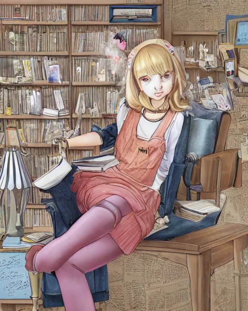 Image similar to illustration depicting a wealthy young mischievous female prep school student with medium length bright blonde hair and pale skin, in an old study room smoking her dad's cigarettes, complex artistic style, color ink pen illustration, subtle detailing, illustrated by Artgerm and Range Murata.