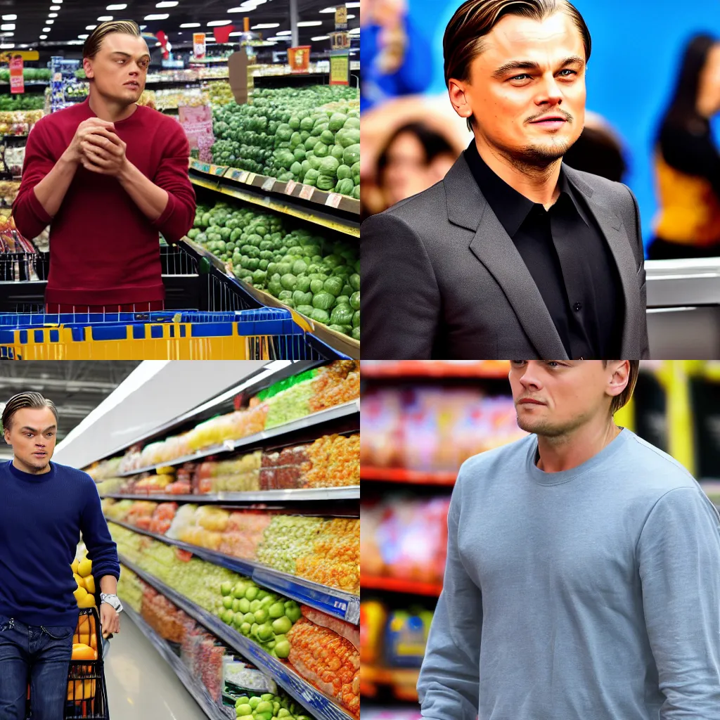 Prompt: high quality photo of leonardo di caprio smellin melons at the walmart, highly realistic, 4 k, nikon