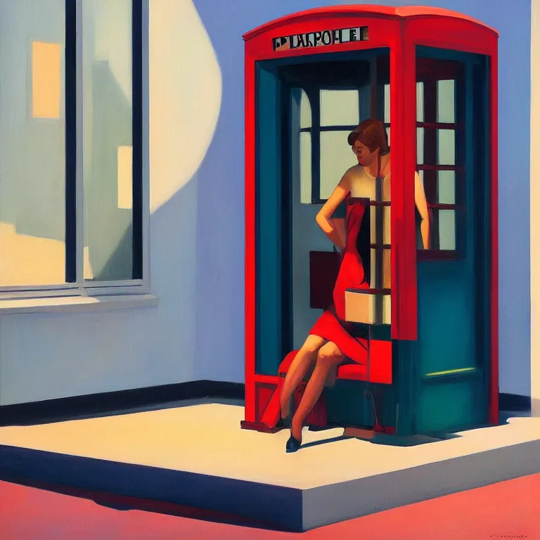 Image similar to inside phonebooth, painted by Edward Hopper, painted by James Gilleard, airbrush