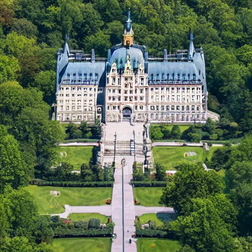 Prompt: gigantic and ornate austrian castle built in the middle of central park, aerial photograph