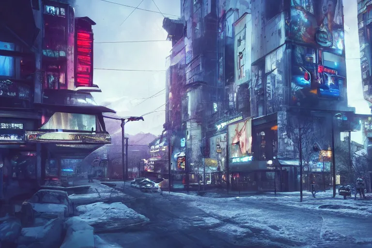 Image similar to postmodern zakopane, still from a movie, cyberpunk trailer, photo art, artgerm, trending on artstation