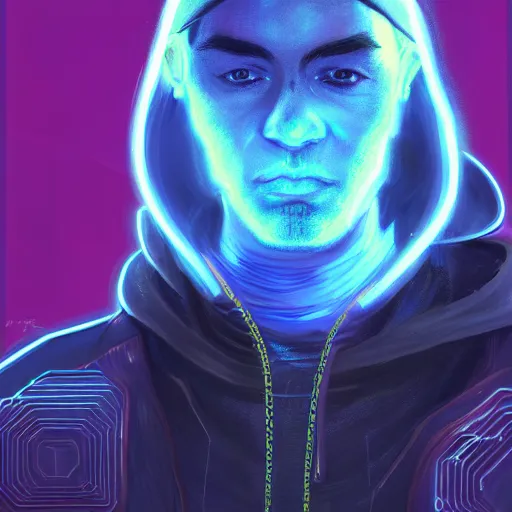 Image similar to a portrait of an ultradetailed futuristic male cyberpunk wearing a hoodie on his head, bearded, deep blue eyes, by dylan kowalski, 8 k, purple neon colours, digital painting, trending on artstation