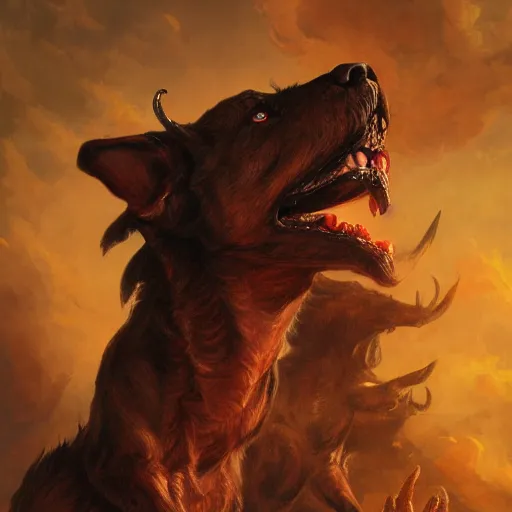 Image similar to a portrait of cerberus, gatekeeper of hell, greek mythology, hades, hyper realistic, very detailed, in the style of greg rutkowski