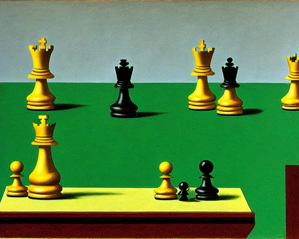 Prompt: a chess set on a green background by raphael, hopper, and rene magritte. pop art, detailed, proportional, romantic, enchanting