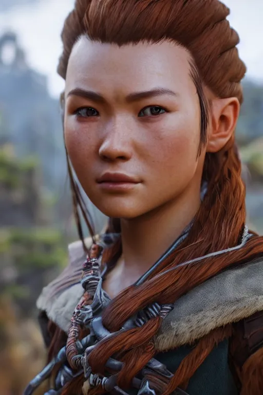 Image similar to aloy from horizon : forbidden west. photoreal, closeup portrait. most of her face is in shadow. shallow depth of field field.