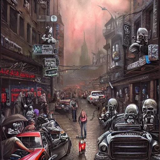 Prompt: street view of a busy street in a horror city, by wes benscoter, anne stokes,