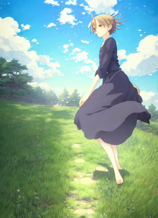 Image similar to Painting of a cottagecore witch in the style of Violet Evergarden, beautiful anime art style, winged eyelashes, countryside, calm, fantasy character portrait, dark outlines, dynamic pose, above view, sunny day, artwork by Makoto Shinkai, very coherent asymmetrical artwork, sharp edges, perfect face, simple form, 100mm