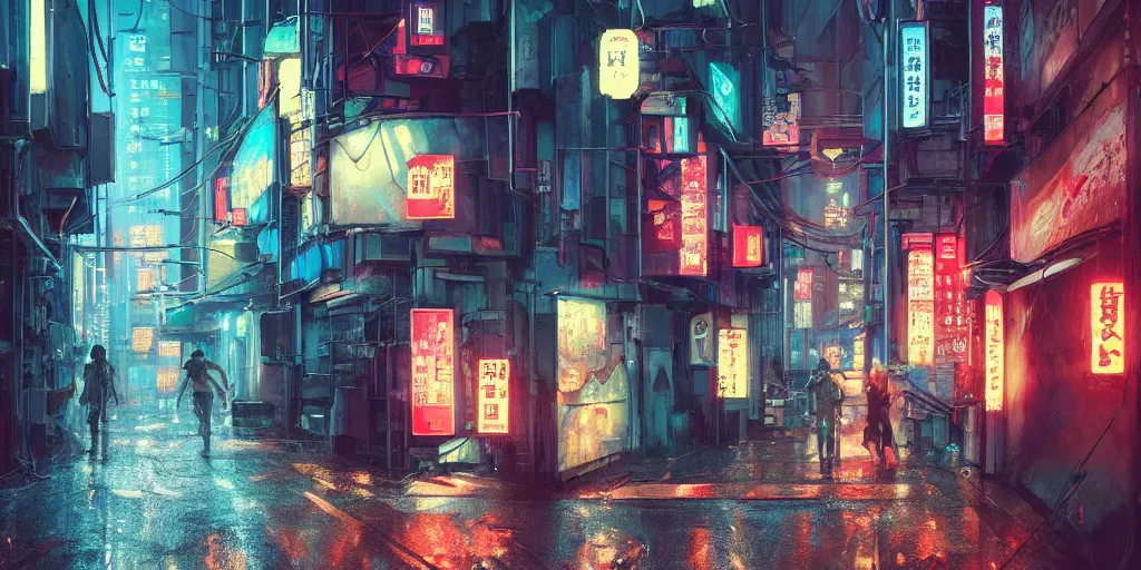 Prompt: Cyberpunk back alley with minimal number of neon lighting on a rainy day in Japan, low angle view, detailed matte painting, cinematic, Moebius, Artstation