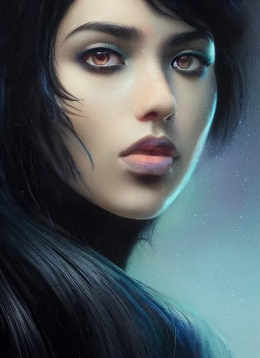 Prompt: girl with iridescent black hair, beautiful highly detailed face, complementary lighting, backlit, eyeshadow, divine, dramatic lighting, landscape background, beautiful painting by artgerm and greg rutkowski and raymond swanland