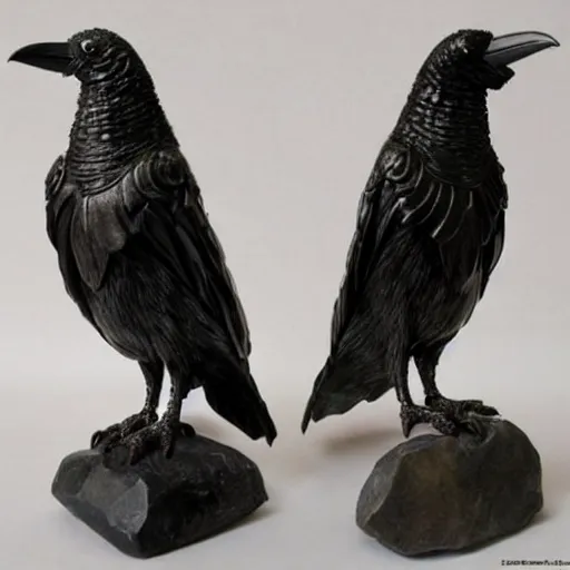 Prompt: metallic mineral stones sculpted into a very realistic raven. Inlaid with cut gemstones and smooth polished minerals. beautiful sculpting. masterwork.