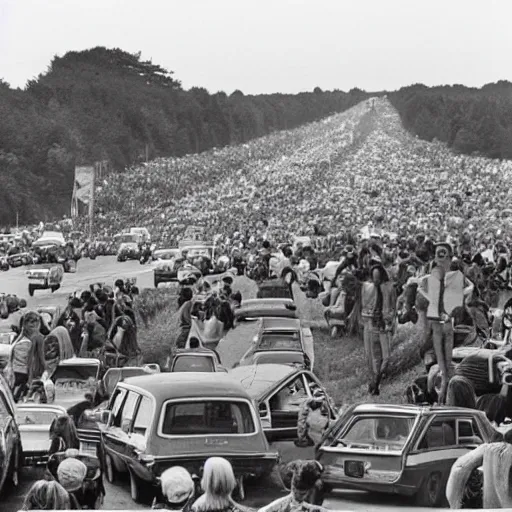 Prompt: people and cars heading to woodstock, 1 9 6 9, 8 k