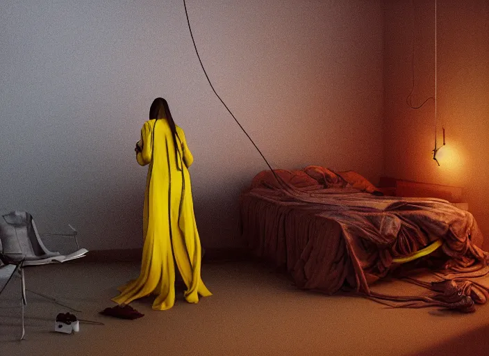 Image similar to rgb, woman, yellow bedroom, cinematic, movie scene, inspired by zdzislaw beksinski, new zealand landscape, clothes made out of veins,, cables everywhere, bedroom, ultra realistic, concept art, intricate details, highly detailed, photorealistic, octane render, 8 k