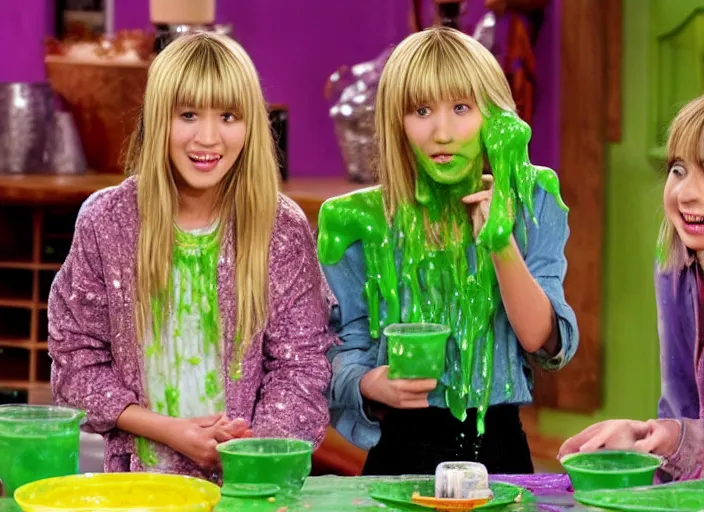 Prompt: the episode of Hannah Montana where everyone gets covered with nickelodeon slime hd