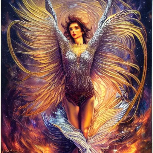 Image similar to full muscular body made of diamonds , golden feathers ,thunder, shining light, nebulas, god rays by Karol Bak, Ayami Kojima, Amano and Olivier Ledroit