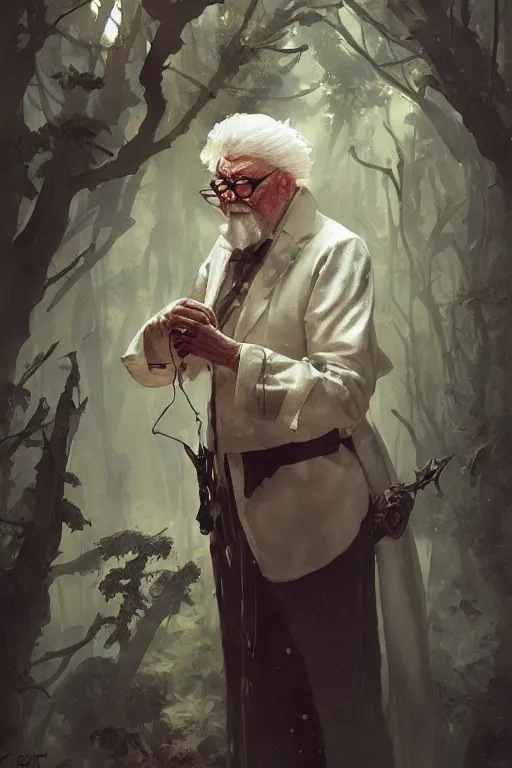 Image similar to colonel sanders, sorcerer, lord of the rings, tattoo, decorated ornaments by carl spitzweg, ismail inceoglu, vdragan bibin, hans thoma, greg rutkowski, alexandros pyromallis, perfect face, fine details, realistic shaded