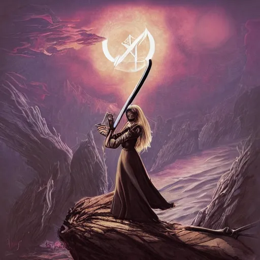 Prompt: symphonic metal album cover of a wizard holding a sword and standing on a cliff near the ocean at night by cary nord