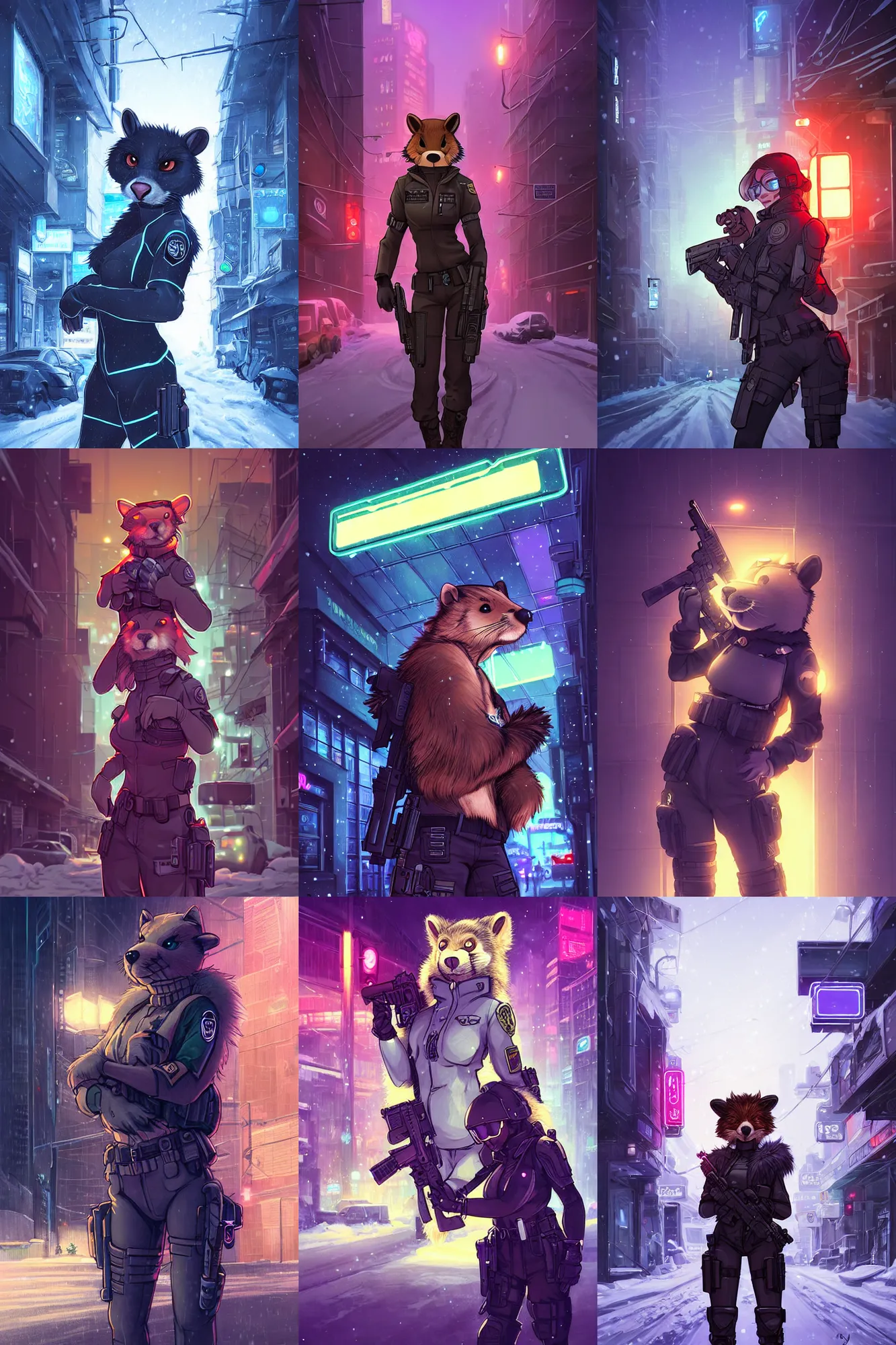 Prompt: beautiful furry art portrait commission of a female furry anthro beaver fursona wearing a tactical swat uniform in the streets of a cyberpunk city at night in the snow. neon light. character design by charlie bowater, ross tran, artgerm, and makoto shinkai, detailed, inked, western comic book art