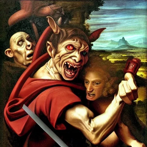 Prompt: Renaissance painting of goblin with red eyes raging rusty sword