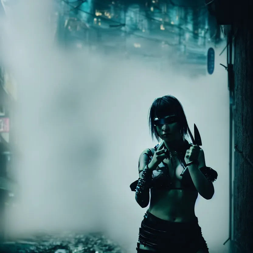 Image similar to a photo close up cyberpunk woman, knife dance in cyberpunk dirty alley, smoke mist rain, cyberpunk gunma prefecture, midnight, photorealistic, cinematic color, studio lighting, highly detailed, bokeh, style by tomino - sama