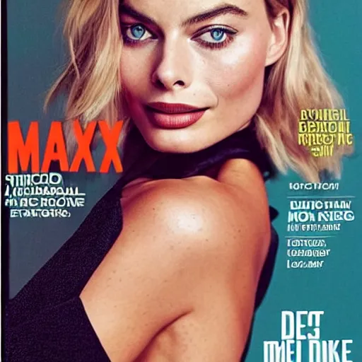 Prompt: margot robbie in a work dress on the cover of maxim magazine.