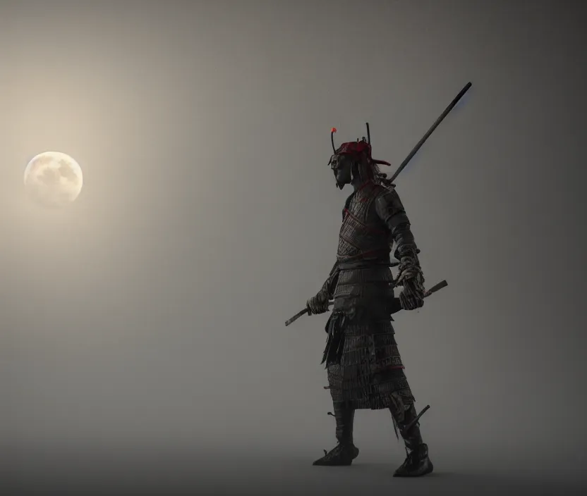 Image similar to 'a samurai! haunted by souls and ghosts with a big full moon on background , gloomy and foggy atmosphere, octane render, artstation trending, horror scene, highly detailded'