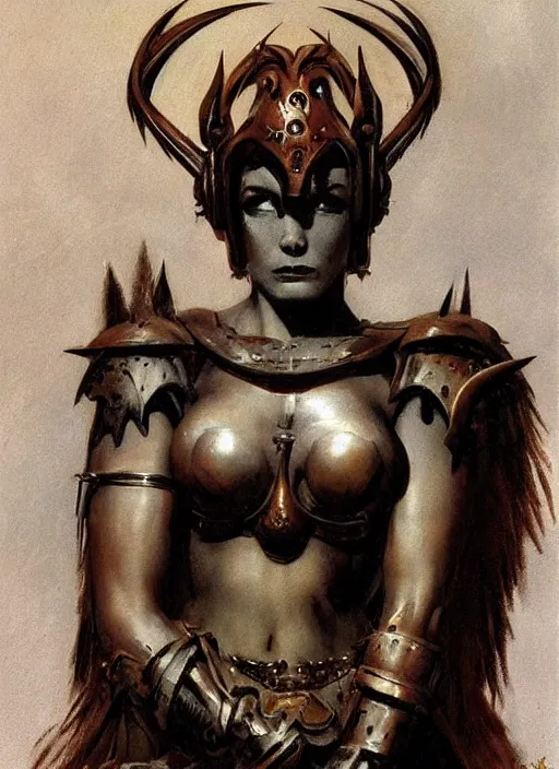 Image similar to portrait of junoesque norwegian female chaos angel, beautiful! coherent! by frank frazetta, by brom, strong line, muted color, rusted spiked armor, iron helm, high contrast, maximalist