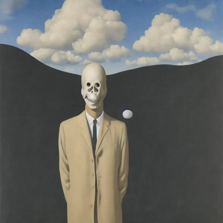 Image similar to portrait of a scary creepy ghost death, clouds in the background, by rene magritte, detailed painting, distance, middle centered, hd, hq, high resolution, high detail, 4 k, 8 k